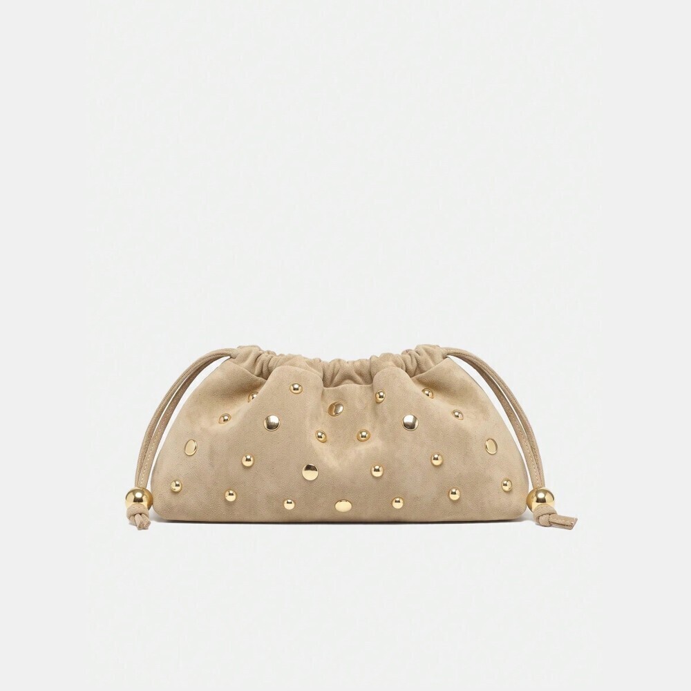 Tan Faux Suede Gold Studded Slouchy Drawstring Clutch Bag